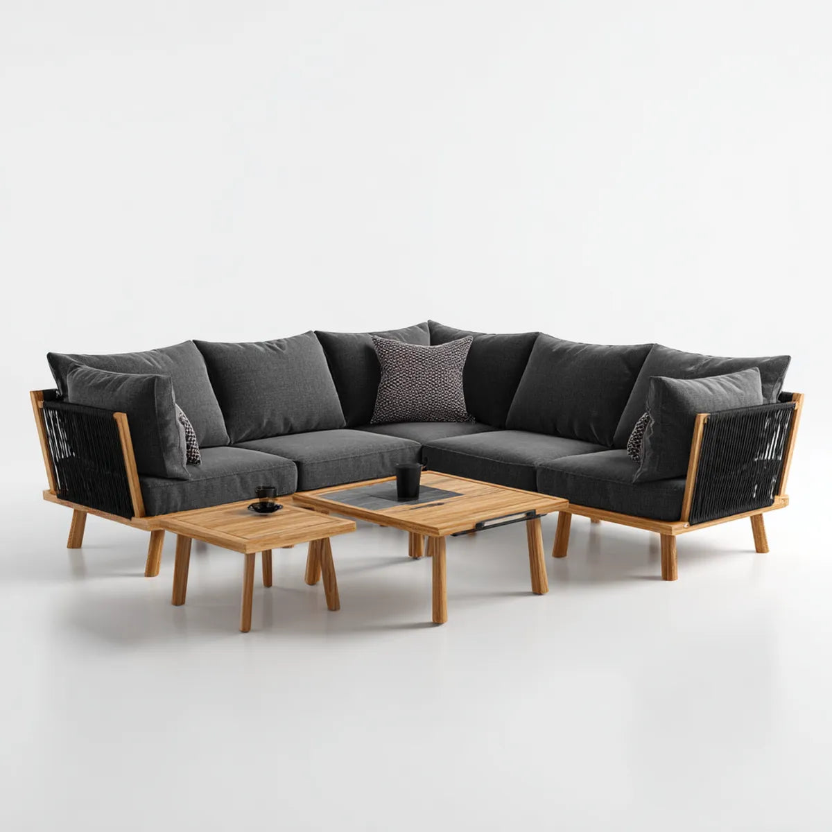 Salon de jardin d'angle 4 places gris anthracite en acacia massif avec cordage noir 250 x 250 x 78 cm et tables basses rectangulaires