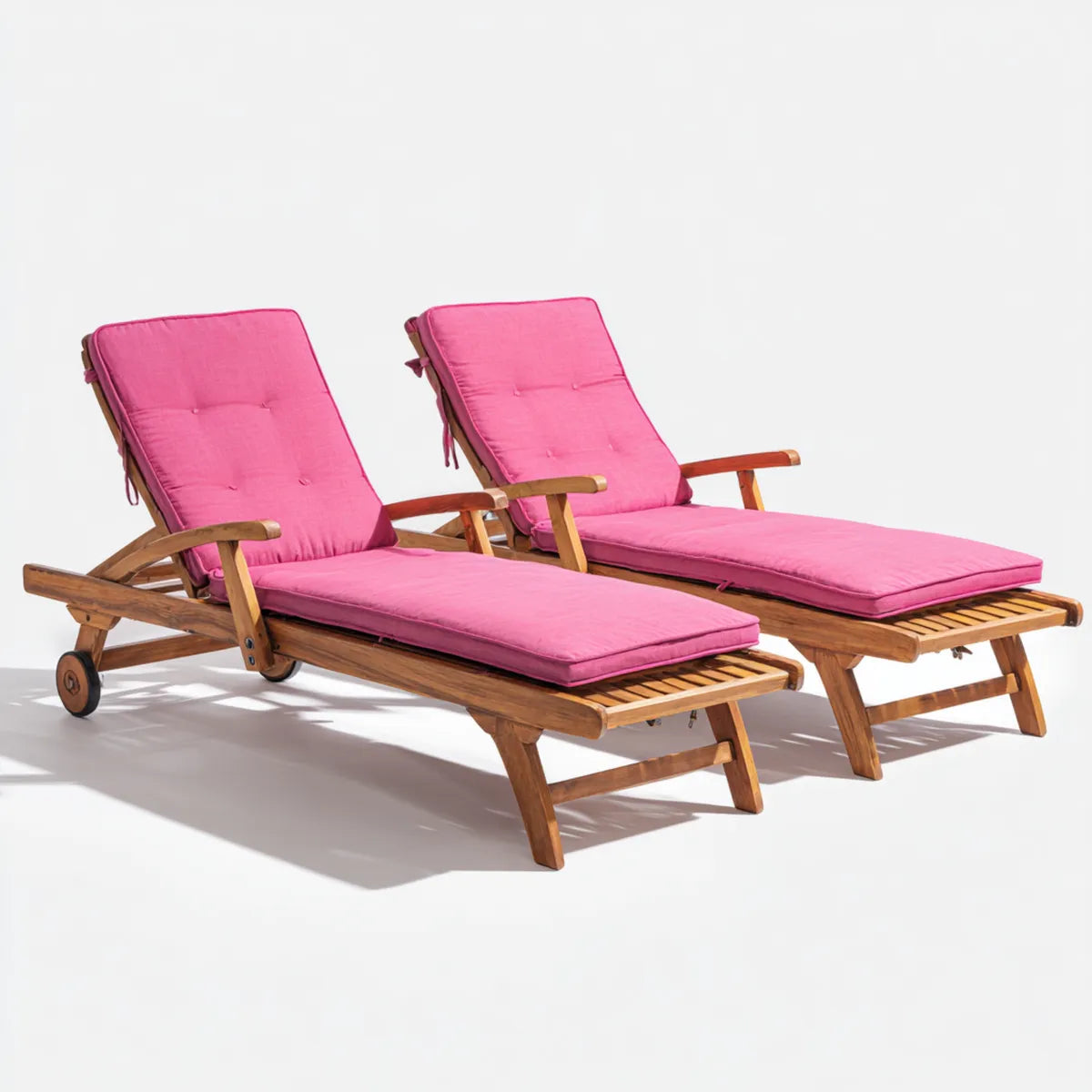Lot de 2 bains de soleil inclinables à roulettes rose en teck massif rectangulaires 200 x 66 x 35 cm