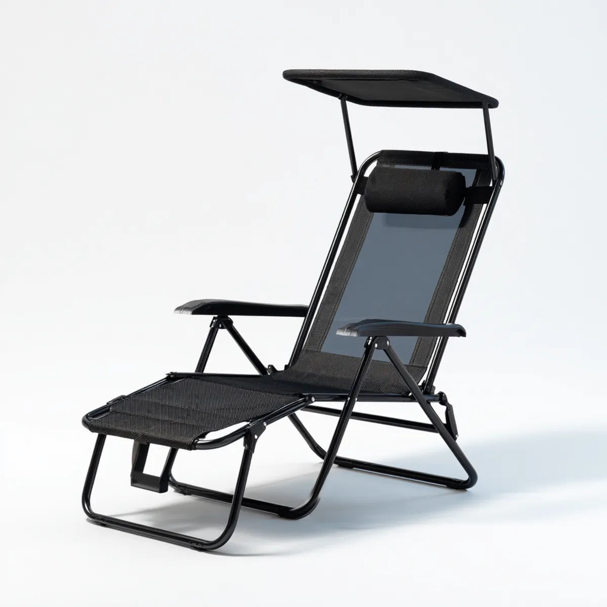 Bain de soleil pliant inclinable noir 165 x 65 x 110 cm en acier et textilène avec pare-soleil
