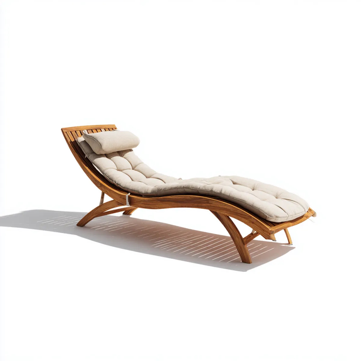 Bain de soleil extérieur courbé en eucalyptus massif naturel avec coussin beige 190 x 65 x 80 cm