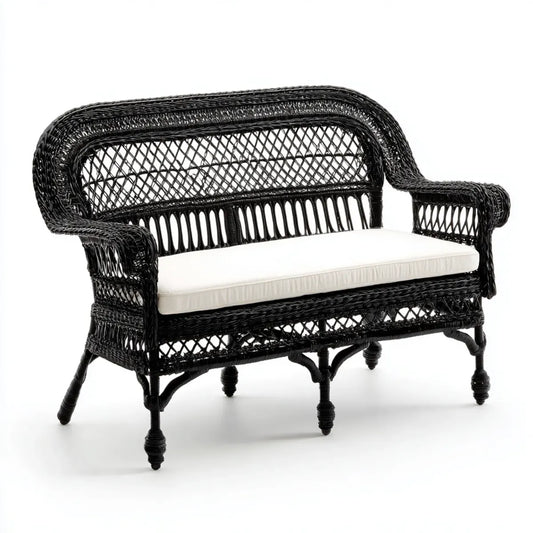 Canapé de jardin 2 places noir en osier tressé avec coussin blanc 120 x 65 x 90 cm