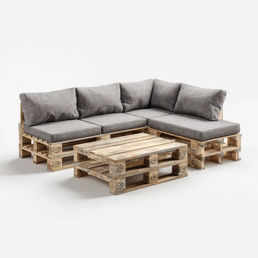 Salon de jardin d'angle 4 places avec table basse gris en pin massif 240 x 160 cm