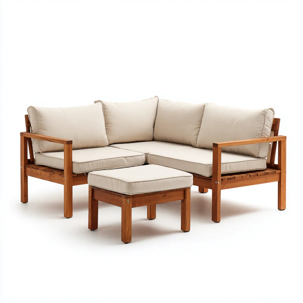 Salon de jardin d'angle 3 pièces en bois d'acacia marron avec coussins beige 202 x 202 x 65 cm