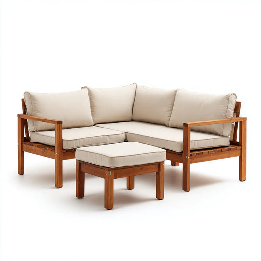 Salon de jardin d'angle 3 pièces en bois d'acacia marron avec coussins beige 202 x 202 x 65 cm