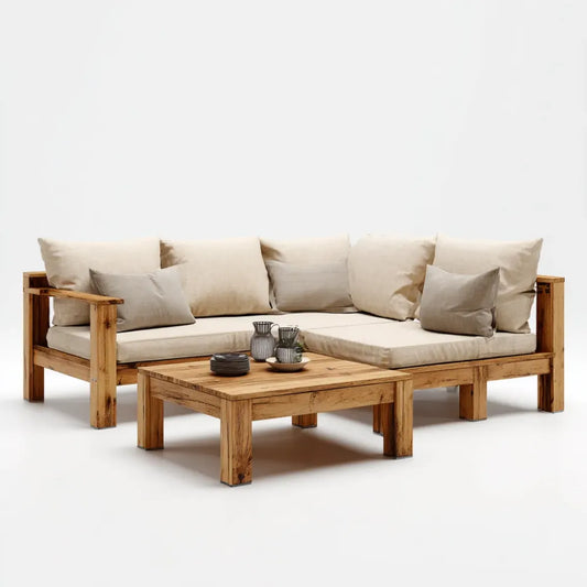 Salon de jardin d'angle 5 places avec table basse beige et bois d'acacia massif forme L 220 x 220 x 78 cm