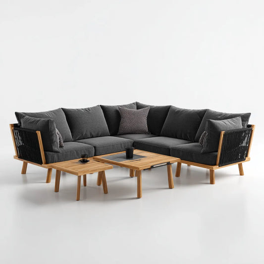 Salon de jardin d'angle 4 places gris anthracite en acacia massif avec cordage noir 250 x 250 x 78 cm et tables basses rectangulaires