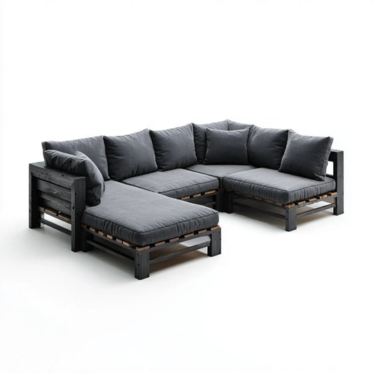 Salon de jardin d'angle 3 places noir et gris en pin massif avec coussins 210 x 140 x 70 cm