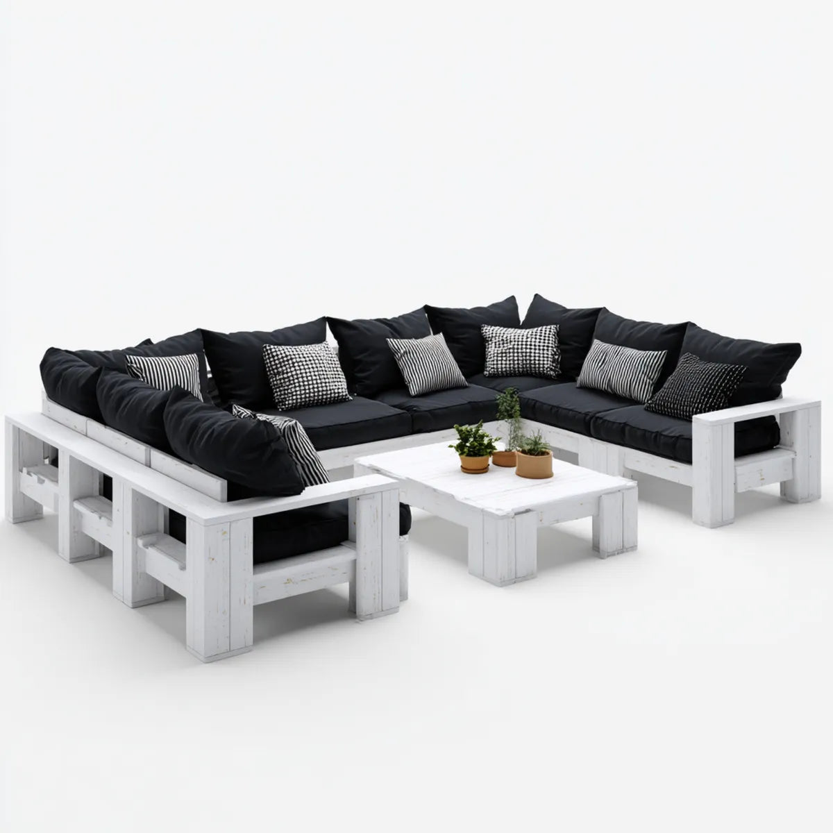 Salon de jardin en palettes 7 pièces blanc et noir en pin massif avec coussins 320 x 240 cm