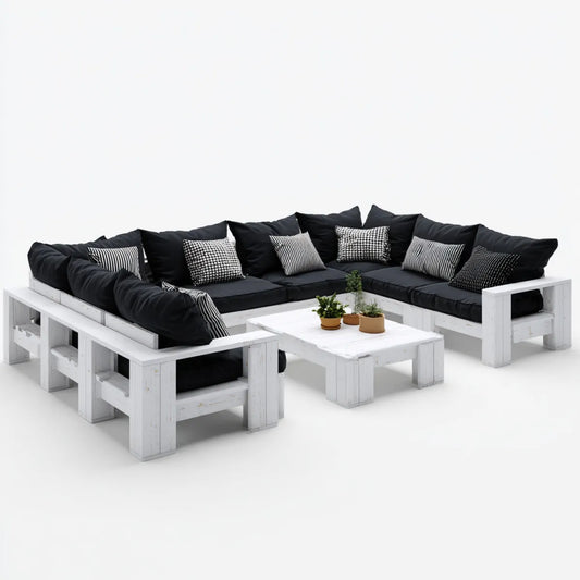 Salon de jardin en palettes 7 pièces blanc et noir en pin massif avec coussins 320 x 240 cm