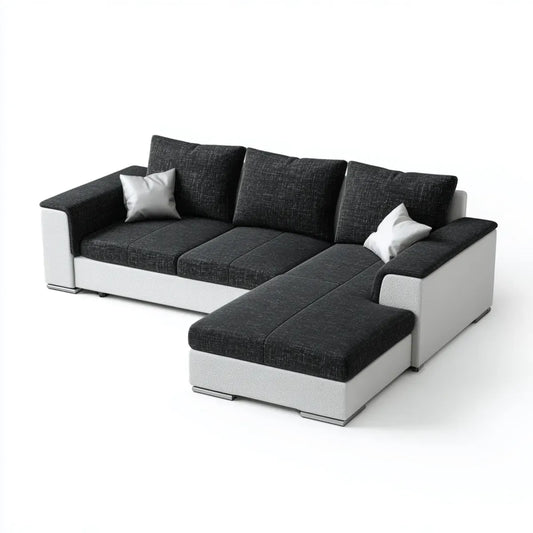 Canapé d'angle 4 places noir et blanc 280 x 170 x 85 cm en polyester et PU avec méridienne droite