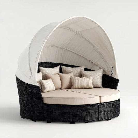 Lit de jardin rond avec baldaquin noir et beige Ø 200 x H 200 cm en résine tressée PE aluminium et polyester