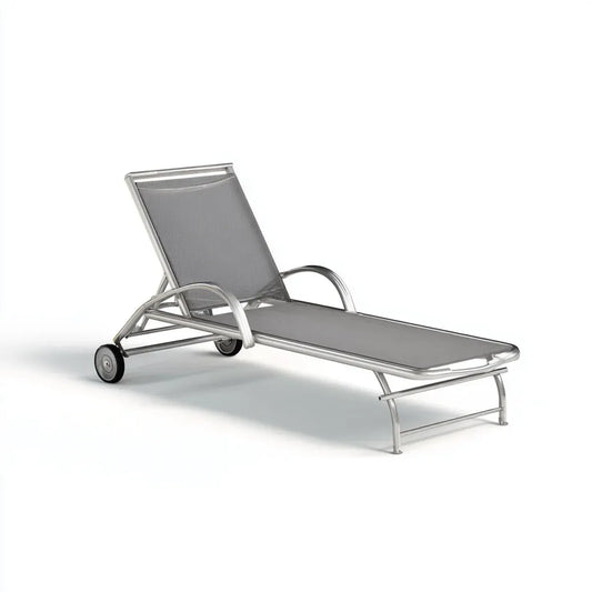 Bain de soleil à roulettes gris 200 x 65 x 32 cm en acier inoxydable et textilène rectangulaire