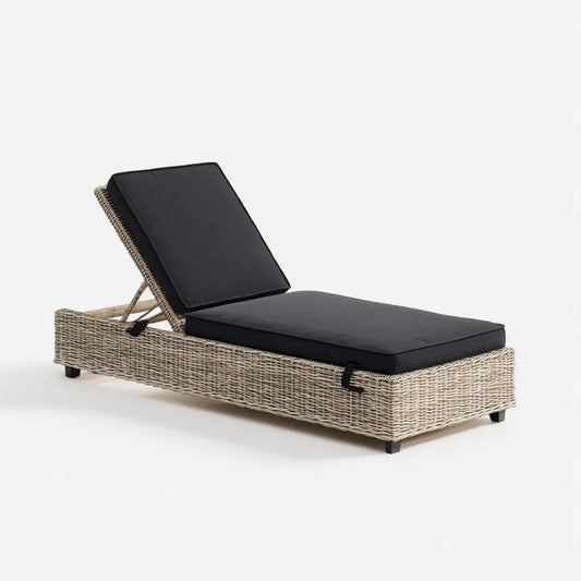 Bain de soleil inclinable beige et noir en résine tressée 195 x 65 x 32 cm avec coussin
