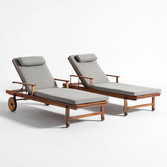 Lot de 2 bains de soleil inclinables gris en acacia massif avec coussins 200 x 70 x 35 cm