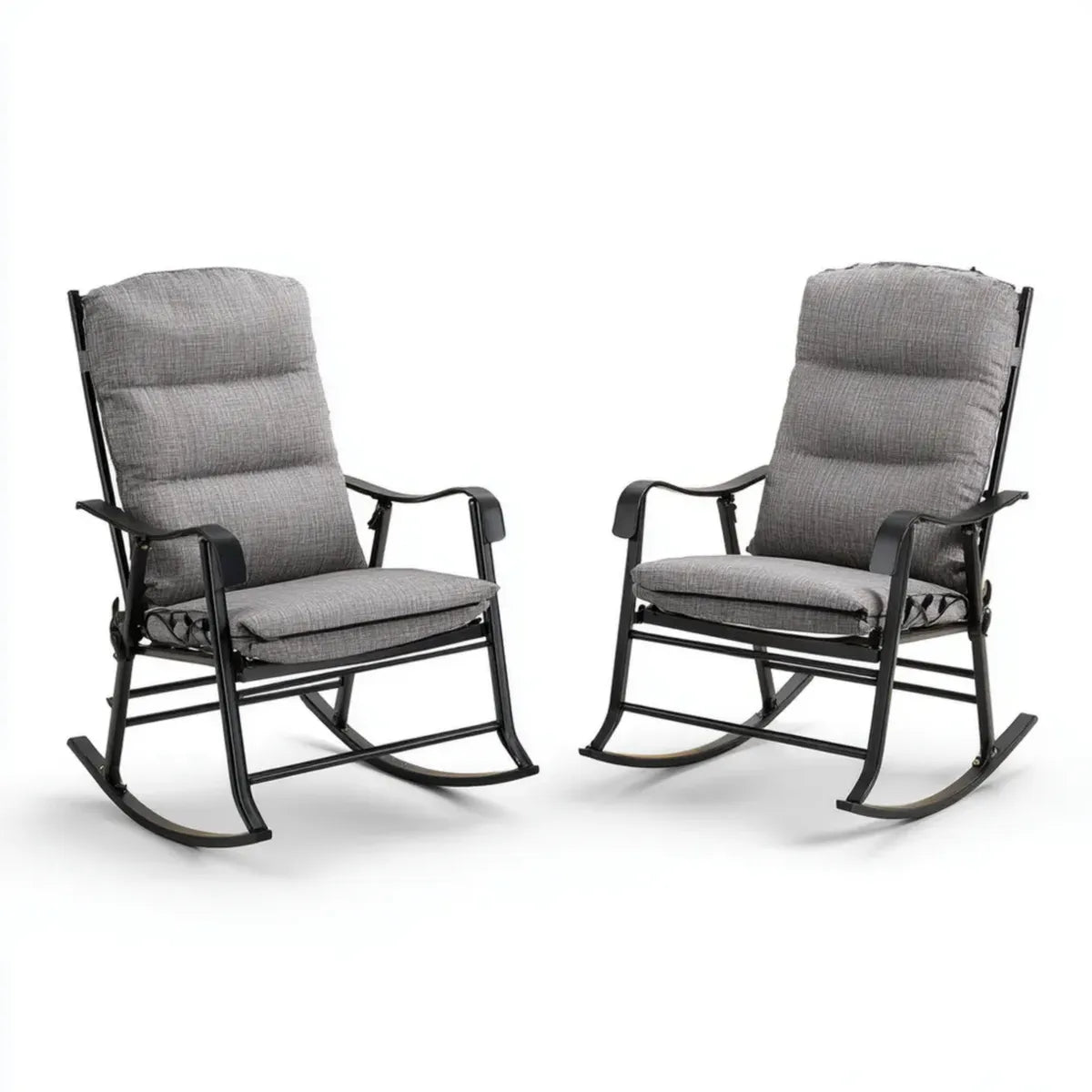 Lot de 2 fauteuils à bascule de jardin gris en acier et polyester 90 x 65 x 100 cm à dossier haut