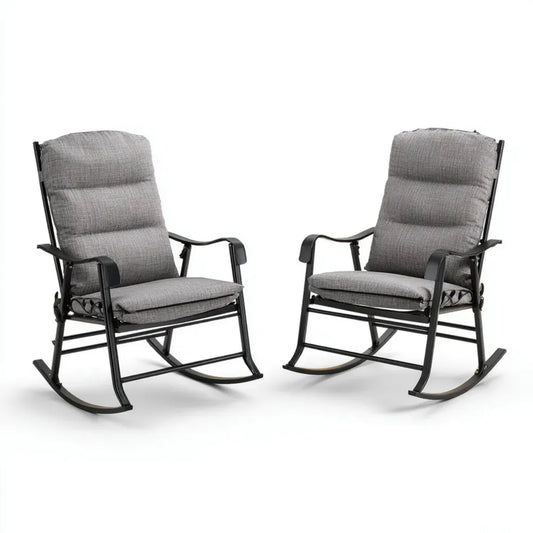 Lot de 2 fauteuils à bascule de jardin gris en acier et polyester 90 x 65 x 100 cm à dossier haut