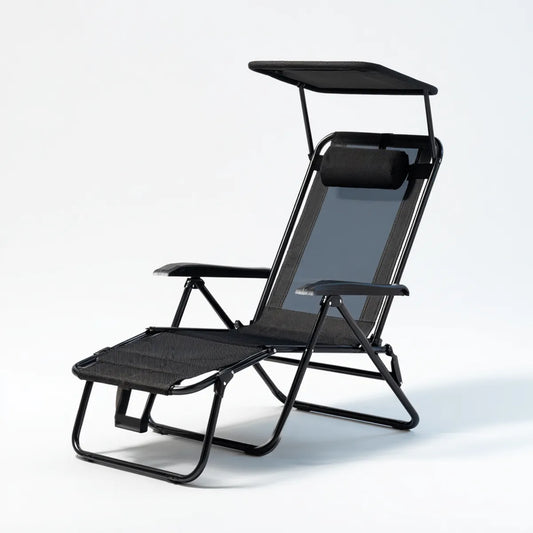 Bain de soleil pliant inclinable noir 165 x 65 x 110 cm en acier et textilène avec pare-soleil