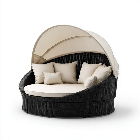 Lit de jardin rond avec pare-soleil noir et beige 180 x 180 x 160 cm en résine tressée PE et polyester