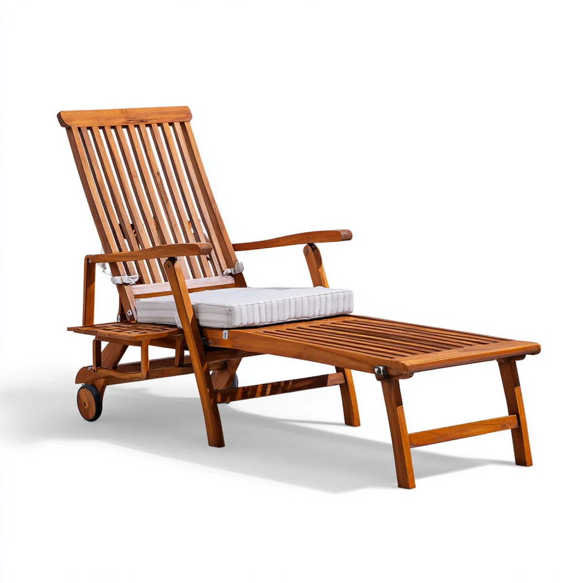 Bain de soleil inclinable à roulettes rectangulaire en acacia massif marron avec coussin blanc 200 x 66 x 98 cm