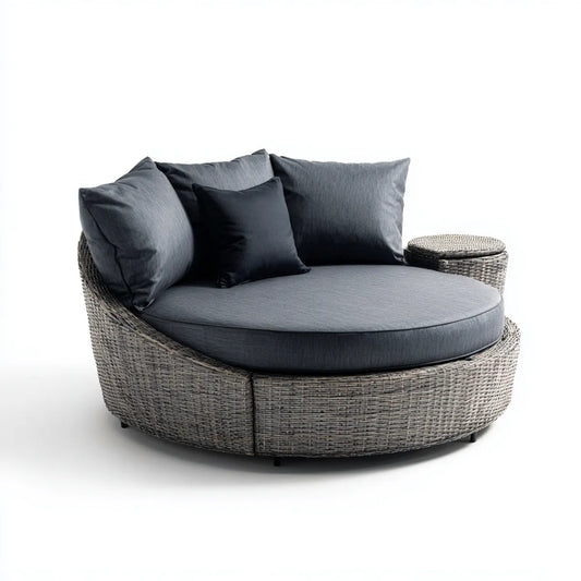 Bain de soleil double rond gris anthracite en résine tressée PE Ø 160 x H 75 cm avec coussins