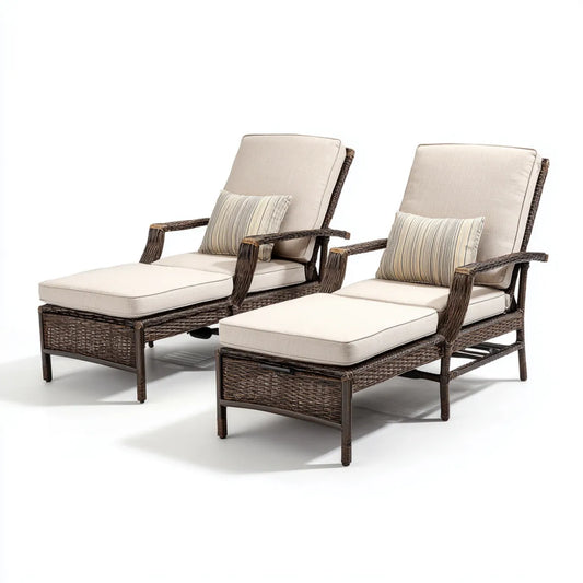 Lot de 2 fauteuils de jardin avec repose-pieds brun et beige en résine tressée PE 80 x 85 x 100 cm