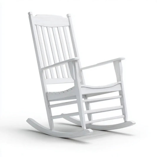 Fauteuil à bascule de jardin blanc en bois massif de sapin à dossier à barreaux 86 x 66 x 115 cm